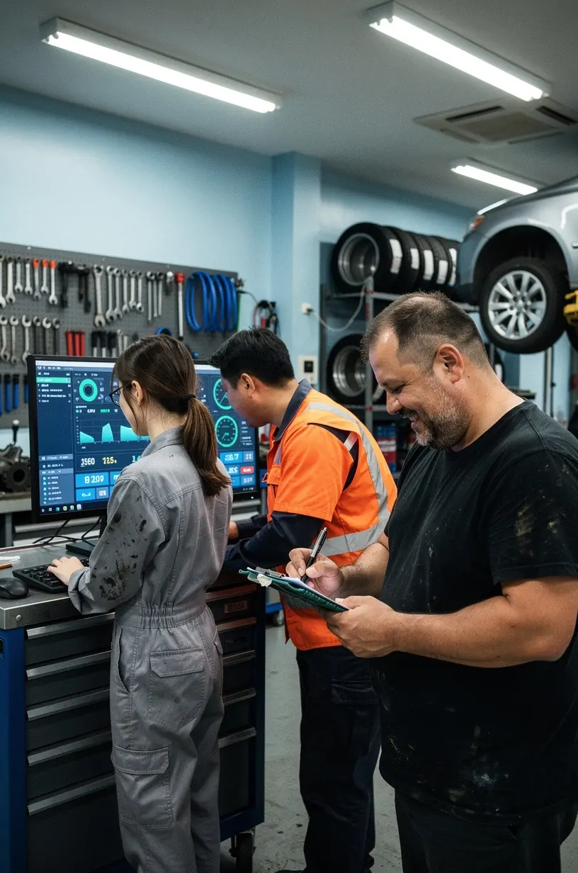 Technik kontroluje motor vozidla pomocou diagnostického zariadenia v modernom autoservise.